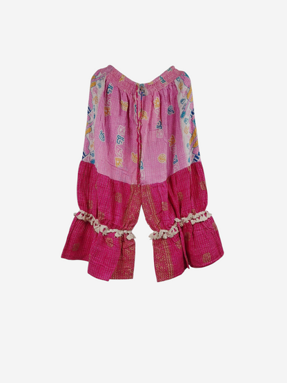 She Lives Beauty Heritage Whisper Kantha bloomers in pink vintage cotton sari fabric with traditional hand stitching