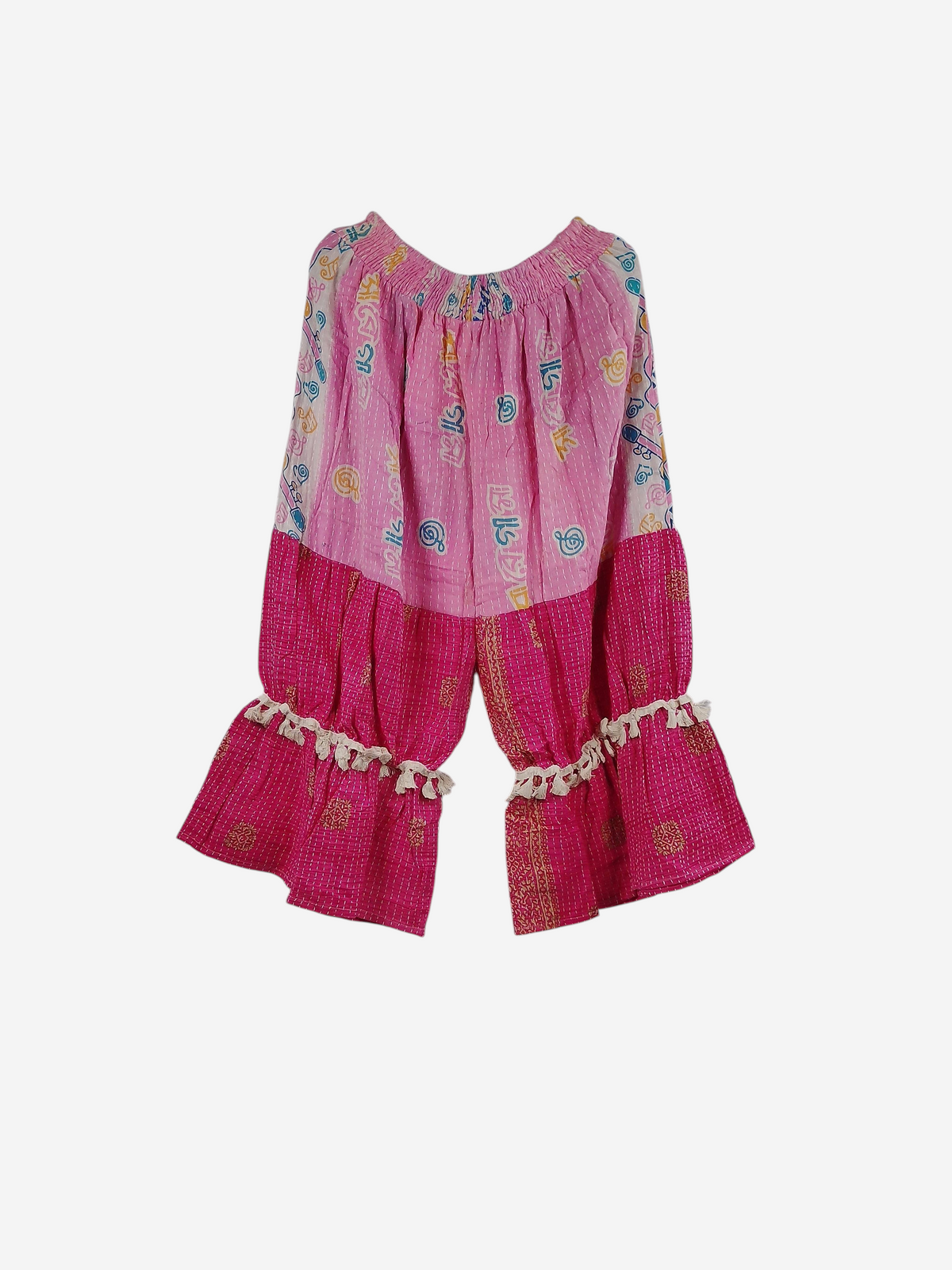 She Lives Beauty Heritage Whisper Kantha bloomers in pink vintage cotton sari fabric with traditional hand stitching.