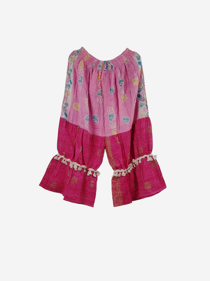 She Lives Beauty Heritage Whisper Kantha bloomers in pink vintage cotton sari fabric with traditional hand stitching.