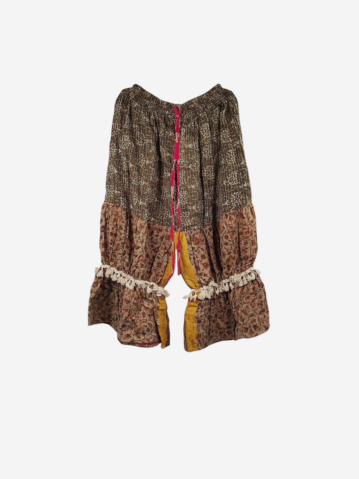 She Lives Beauty Heritage Whisper Kantha bloomers in vintage cotton with tiered floral prints and tassel trim.