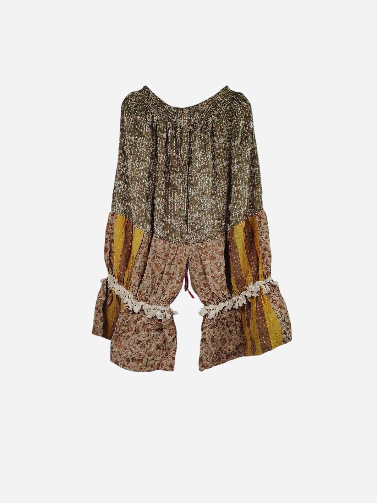 She Lives Beauty Heritage Whisper Kantha bloomers in patchwork vintage cotton with traditional stitching and ruffles.