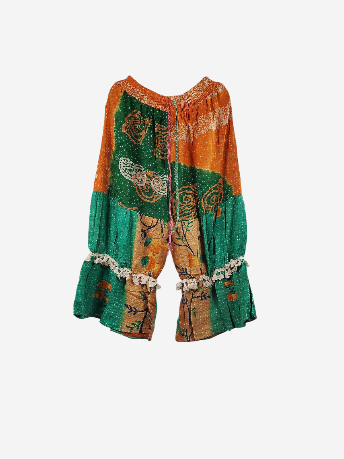 She Lives Beauty Heritage Whisper Kantha bloomers in orange and green vintage cotton sari fabric with tassel trim
