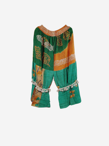 She Lives Beauty Heritage Whisper Kantha bloomers in green and orange vintage cotton with tassel trim detail.