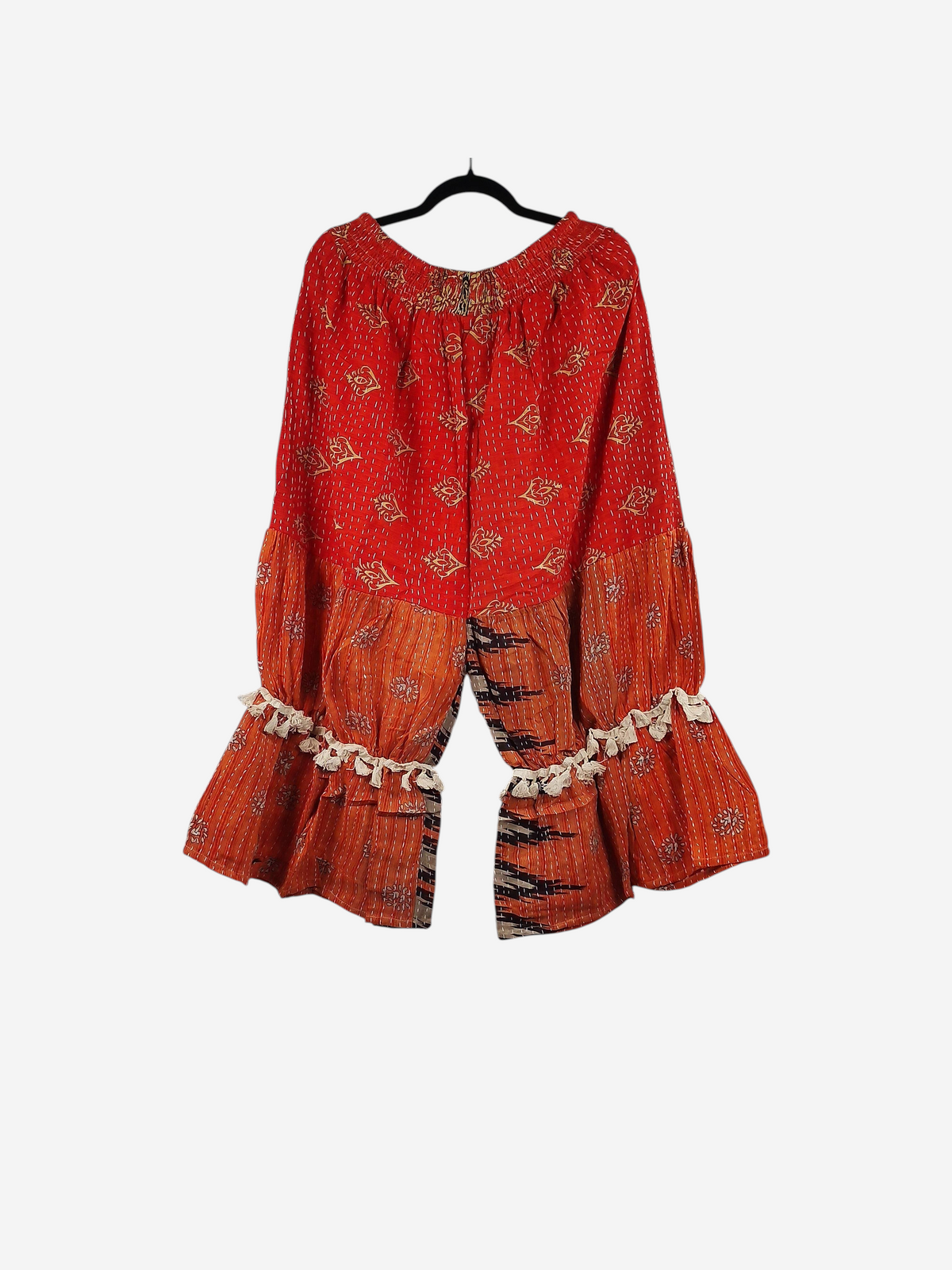 She Lives Beauty Heritage Whisper Kantha bloomers in red vintage cotton with traditional stitching and tassel trim.
