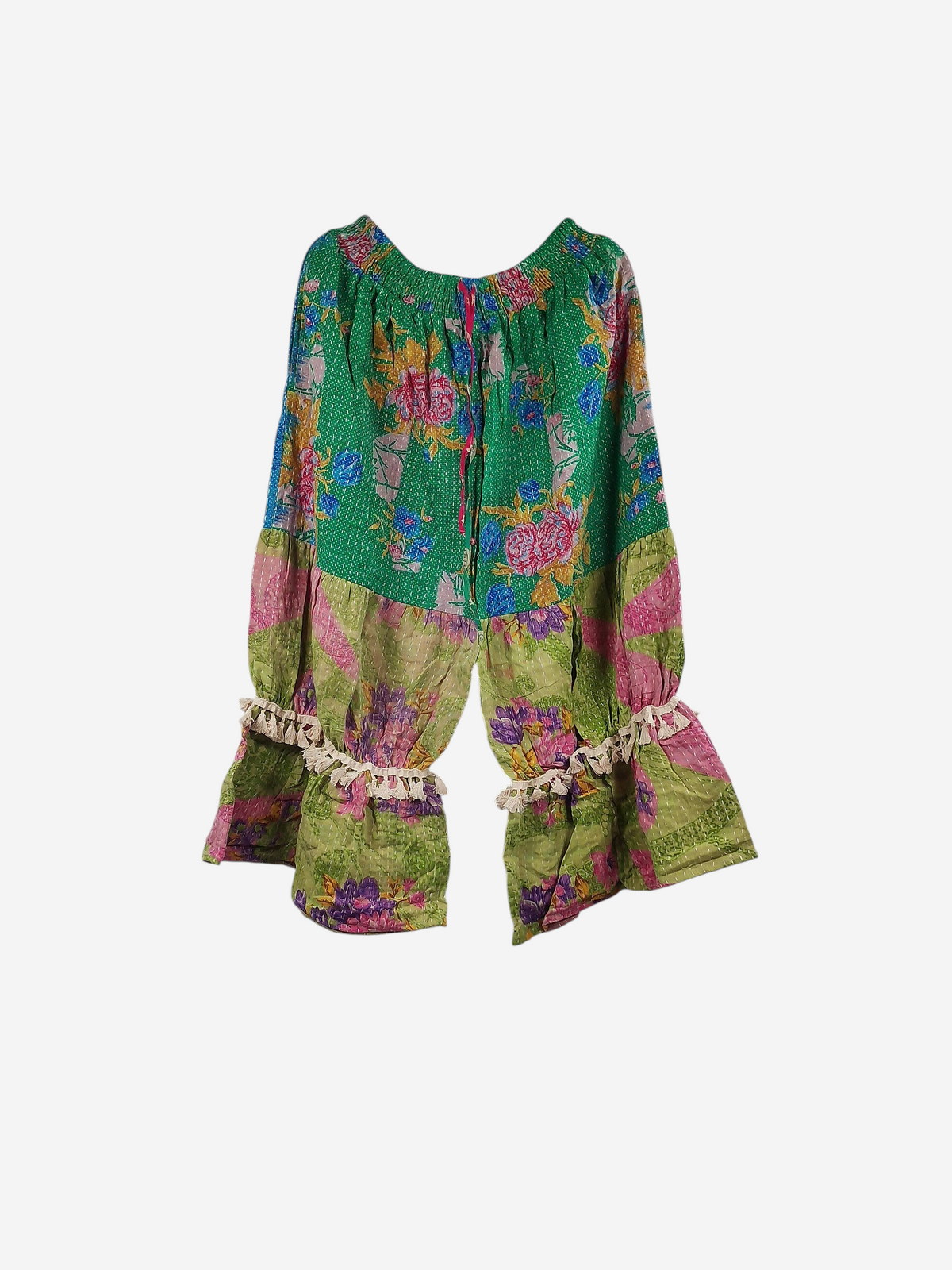 She Lives Beauty Heritage Whisper Kantha bloomers in green and pink vintage cotton sari fabric with tassel trim