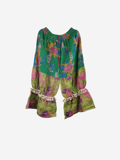 She Lives Beauty Heritage Whisper Kantha bloomers in green and pink vintage cotton sari fabric with tassel trim