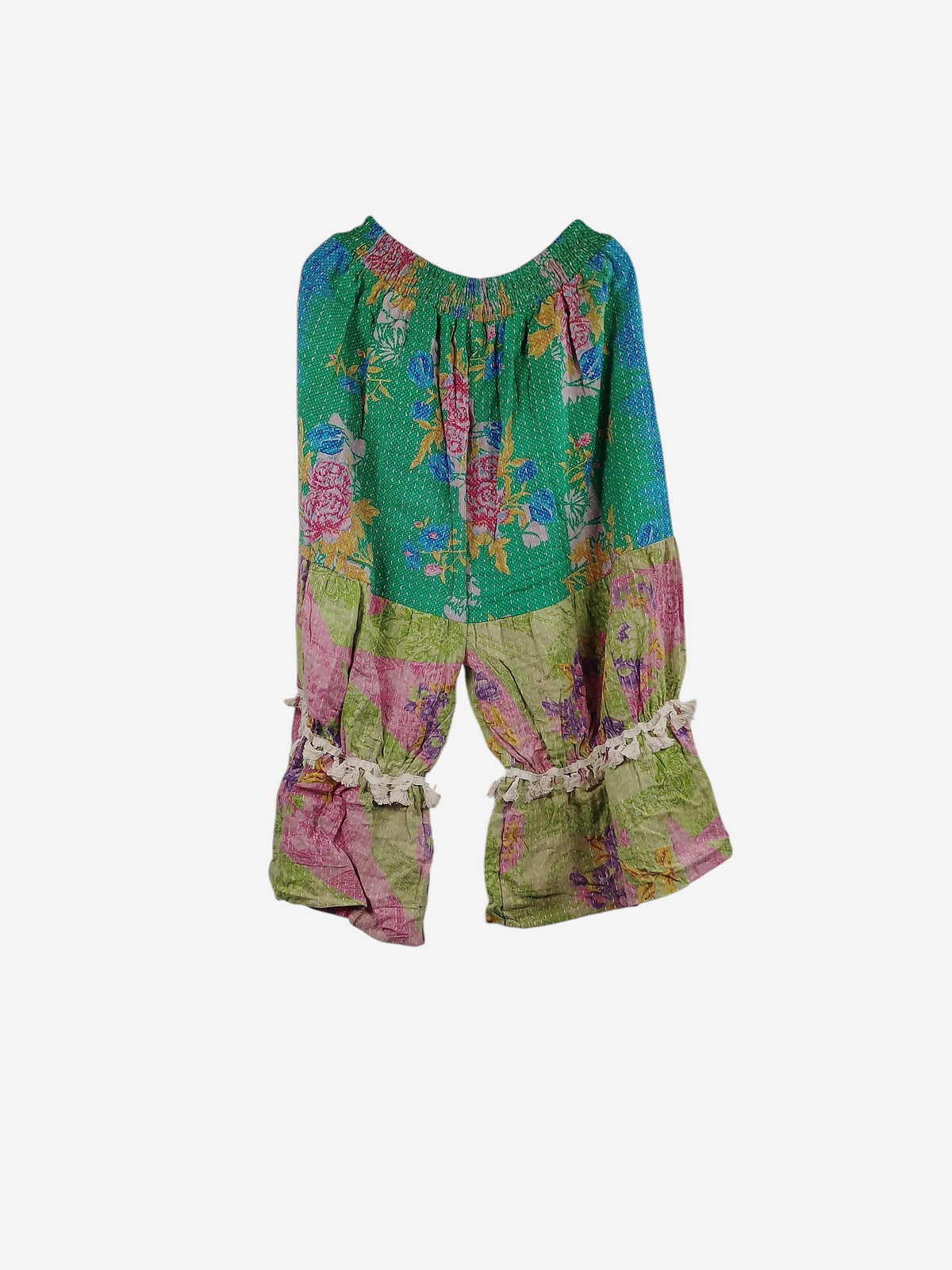 She Lives Beauty Heritage Whisper Kantha bloomers in green and pink floral vintage cotton with ruffled trim