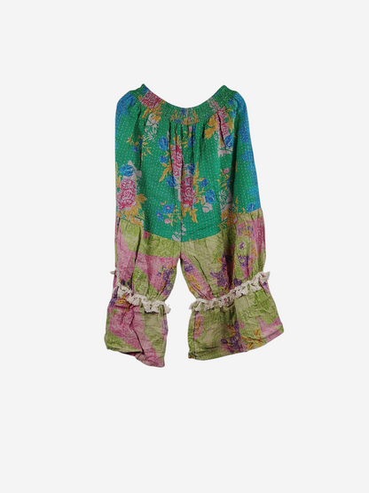 She Lives Beauty Heritage Whisper Kantha bloomers in green and pink floral vintage cotton with ruffled trim