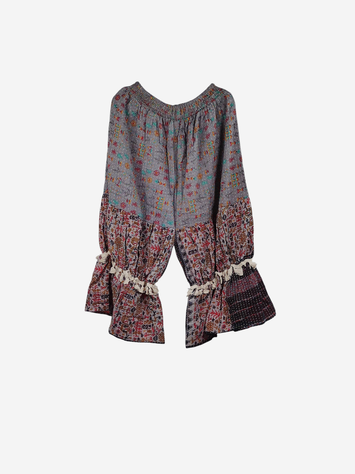She Lives Beauty Heritage Whisper Kantha bloomers made from vintage cotton saris with colorful stitching and tassels.
