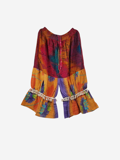 She Lives Beauty Heritage Whisper Kantha bloomers in vibrant multicolored vintage cotton with tassel trim detail.