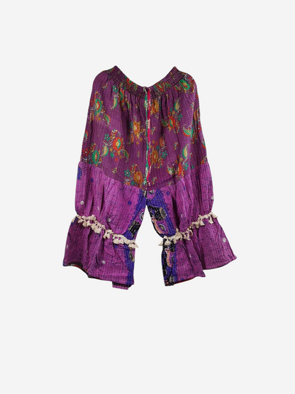 She Lives Beauty Heritage Whisper Kantha bloomers in purple vintage cotton sari fabric with traditional hand stitching.