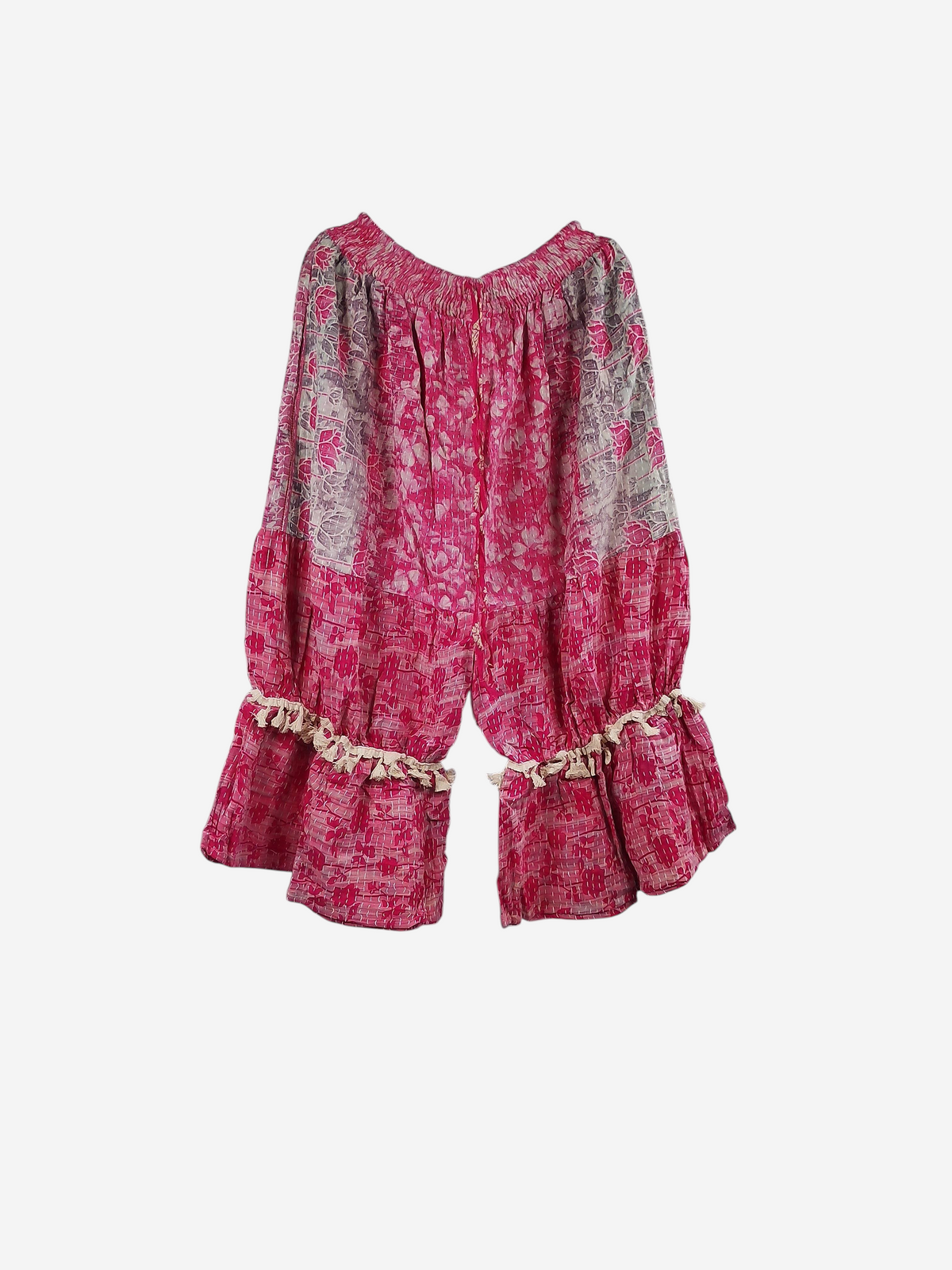She Lives Beauty Heritage Whisper Kantha bloomers in pink vintage cotton sari fabric with ruffled trim and stitching.