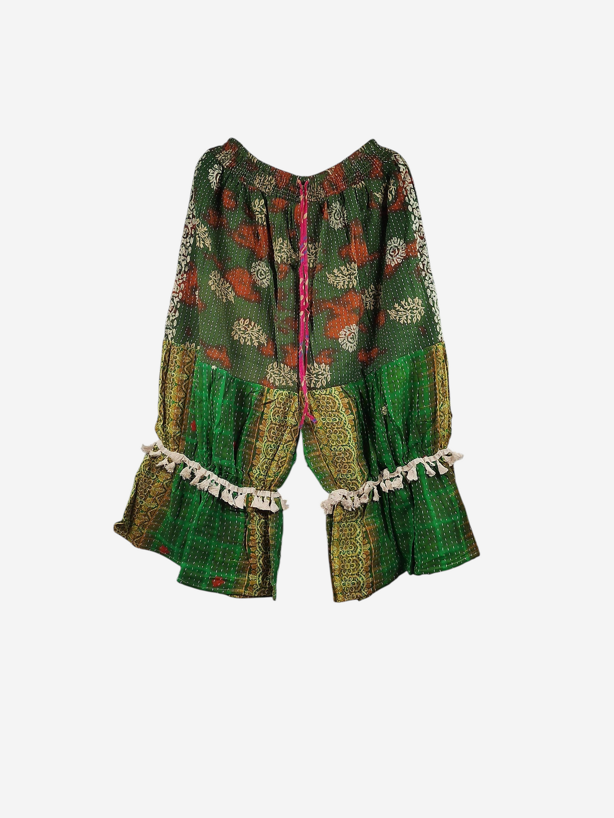 She Lives Beauty Heritage Whisper Kantha bloomers in green vintage cotton sari fabric with decorative tassel trim