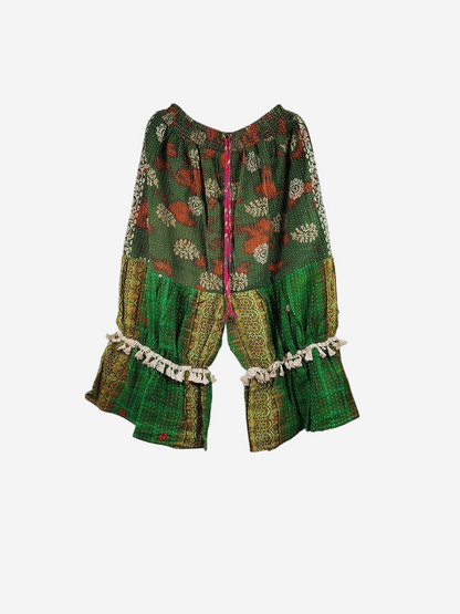 She Lives Beauty Heritage Whisper Kantha bloomers in green vintage cotton sari fabric with decorative tassel trim