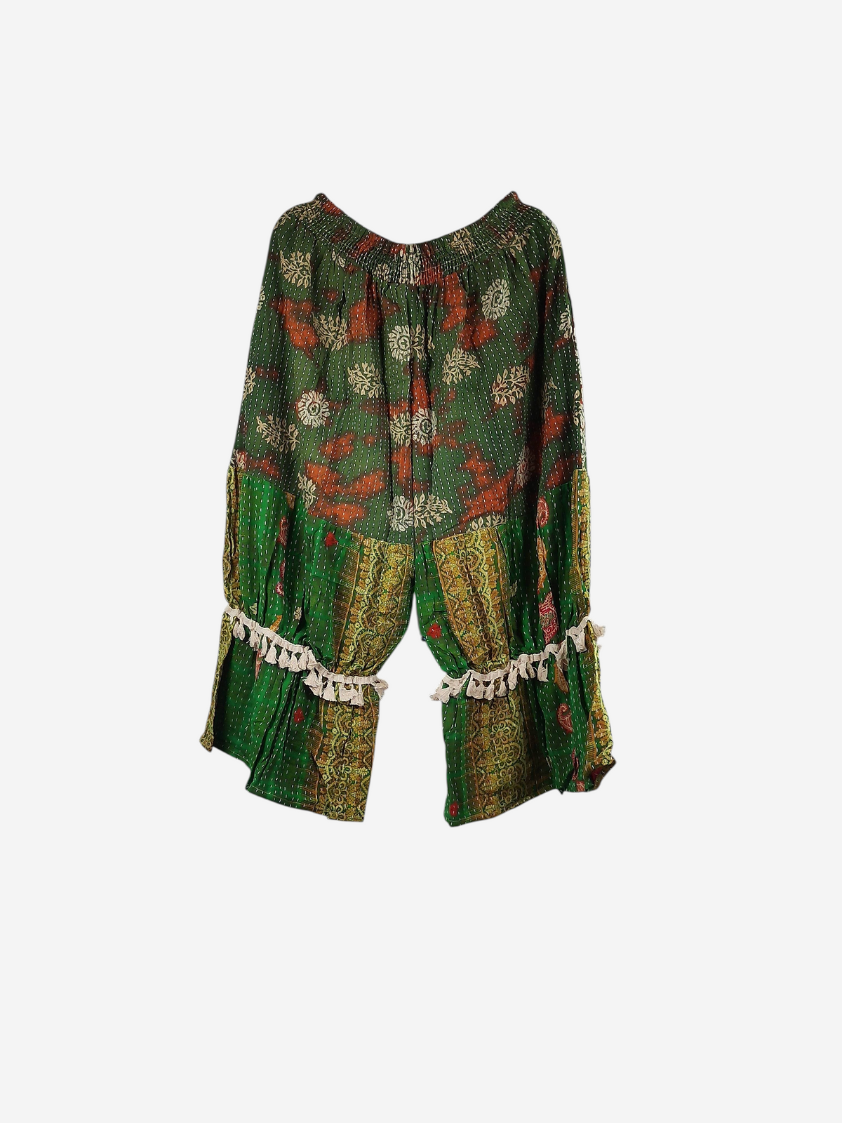 She Lives Beauty Heritage Whisper Kantha bloomers in green vintage cotton sari fabric with tassel trim details.