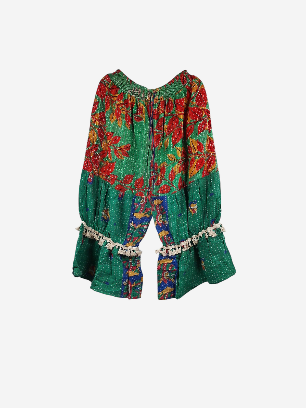 She Lives Beauty Heritage Whisper Kantha bloomers in green vintage cotton sari fabric with floral prints and tassels.