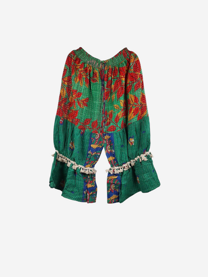 She Lives Beauty Heritage Whisper Kantha bloomers in green vintage cotton sari fabric with floral prints and tassels.