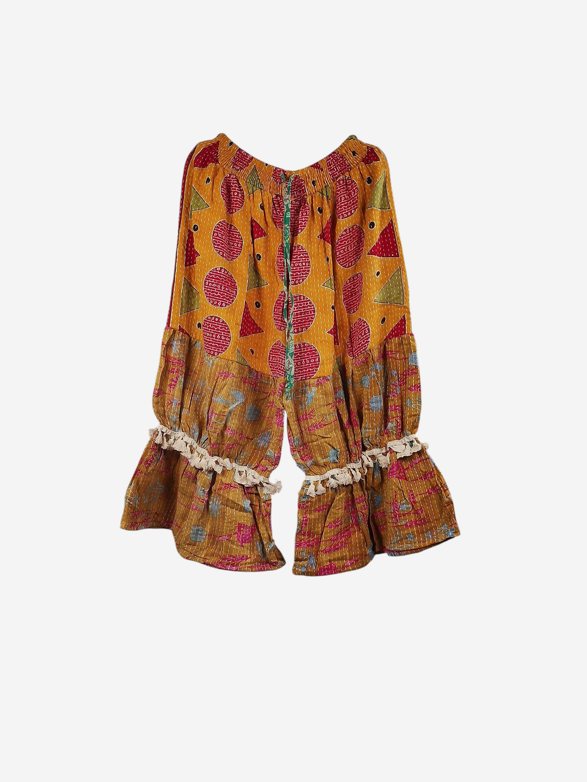 She Lives Beauty Heritage Whisper Kantha bloomers in yellow vintage cotton sari fabric with boho tassel trim details.
