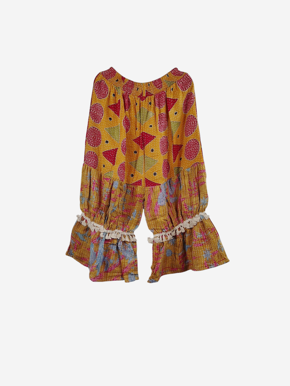 She Lives Beauty Heritage Whisper Kantha bloomers in yellow vintage cotton sari fabric with boho patchwork details.
