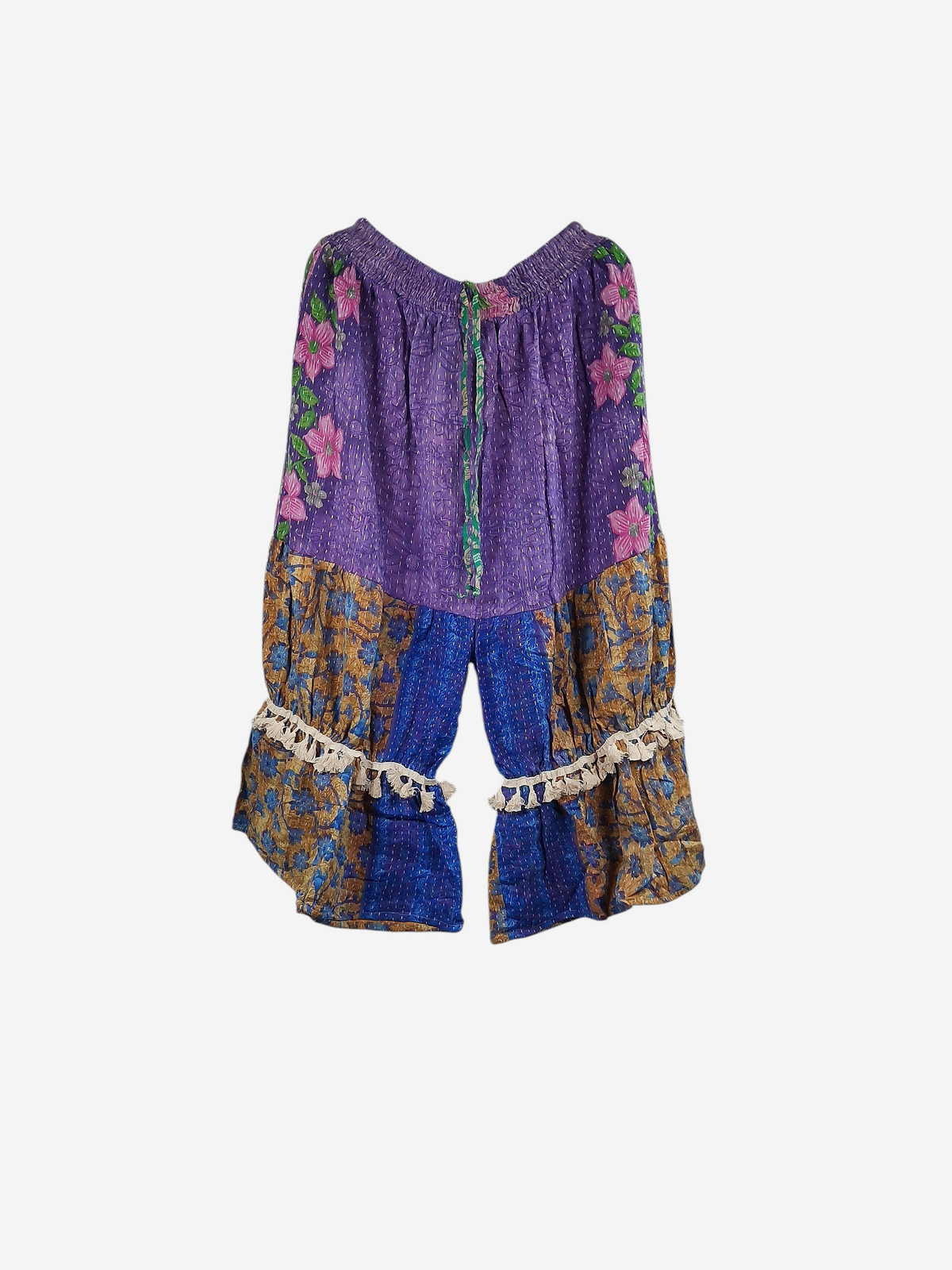 She Lives Beauty Heritage Whisper Kantha bloomers in purple and blue vintage cotton sari fabric with floral patterns.