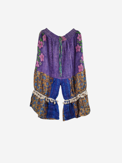 She Lives Beauty Heritage Whisper Kantha bloomers in purple and blue vintage cotton sari fabric with floral patterns.