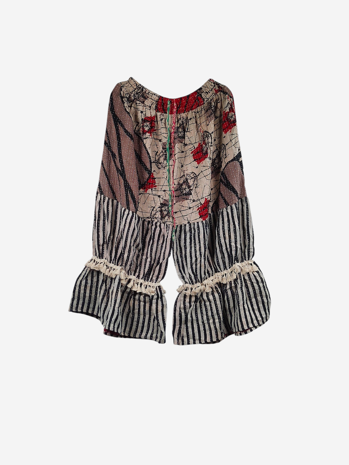She Lives Beauty Heritage Whisper Kantha bloomers made from repurposed vintage cotton sari fabric with striped ruffles
