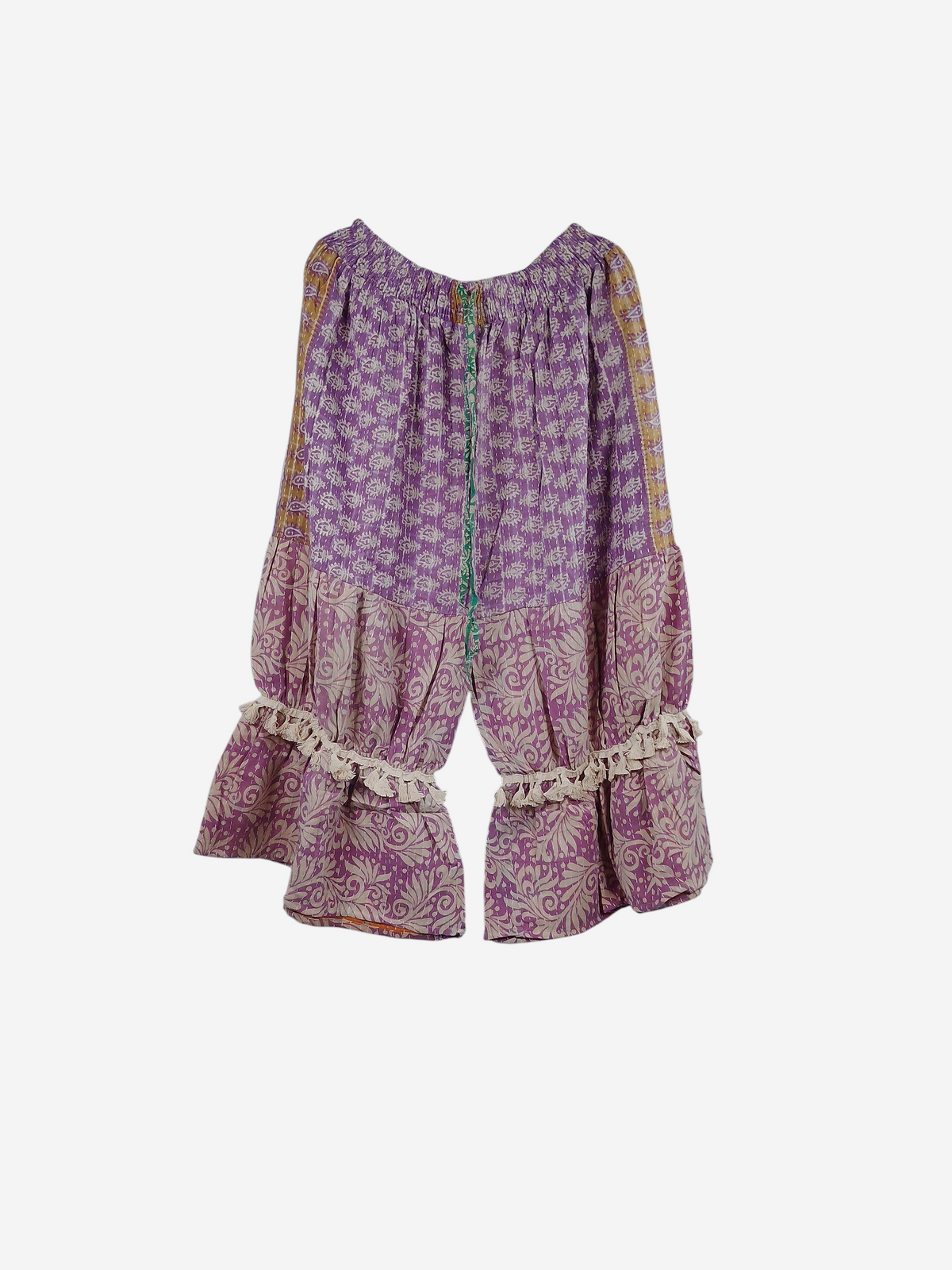 She Lives Beauty Heritage Whisper Kantha bloomers in purple and cream vintage cotton sari fabric with ruffled trim.
