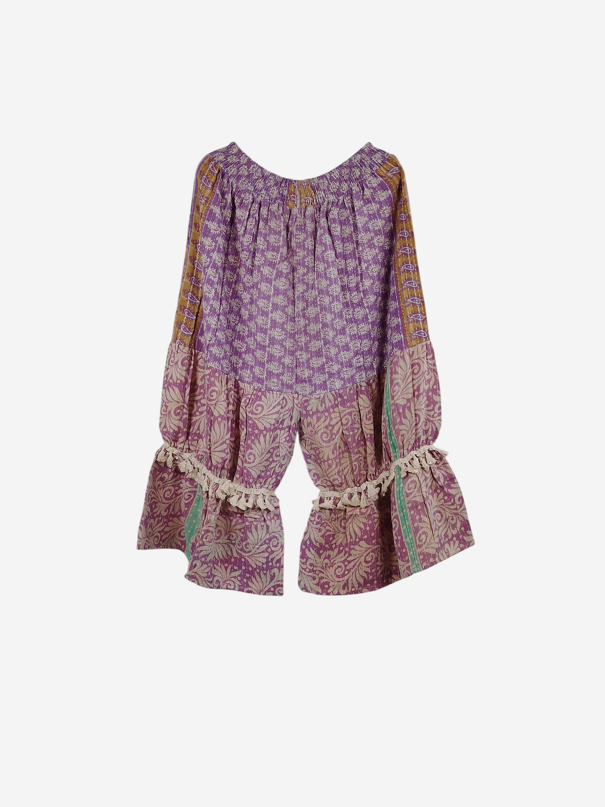 She Lives Beauty Heritage Whisper Kantha bloomers in purple and cream vintage cotton with decorative tassel trim.