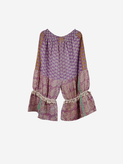 She Lives Beauty Heritage Whisper Kantha bloomers in purple and cream vintage cotton with decorative tassel trim.
