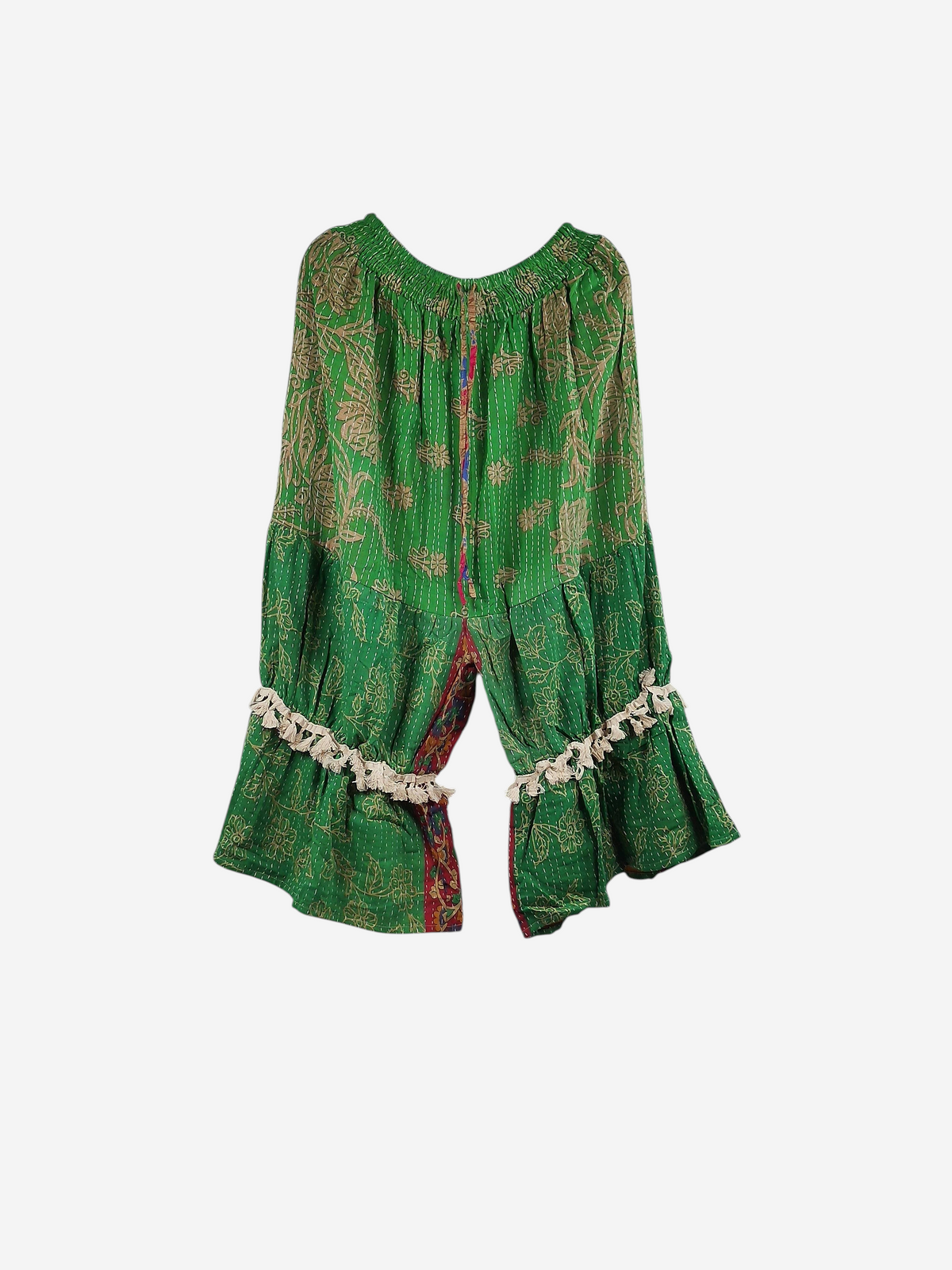She Lives Beauty Heritage Whisper Kantha bloomers in green vintage cotton with floral prints and tassel trim details.