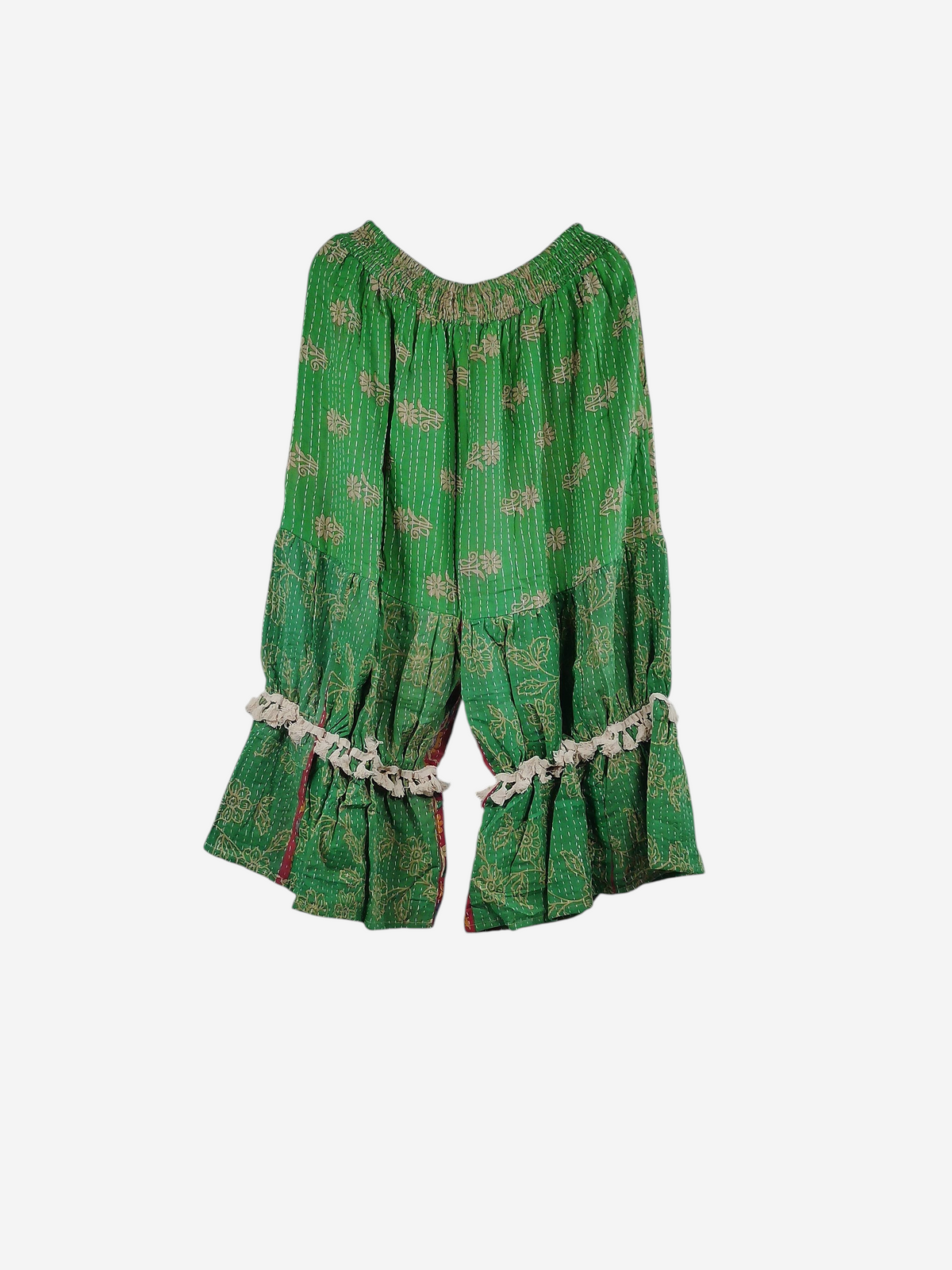 She Lives Beauty Heritage Whisper Kantha bloomers in green vintage cotton sari fabric with white lace trim details.