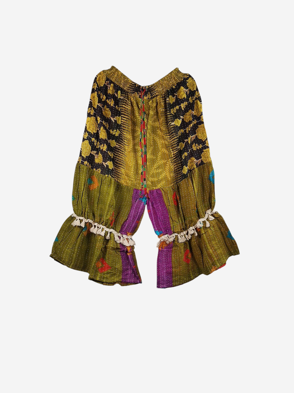 She Lives Beauty Heritage Whisper Kantha bloomers in olive and purple vintage cotton sari fabric with tassel trim.