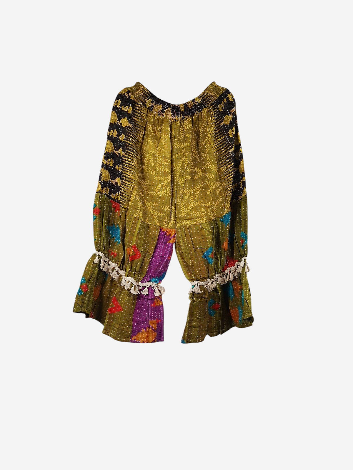 She Lives Beauty Heritage Whisper Kantha bloomers in olive green vintage cotton with colorful sari patchwork and tassels