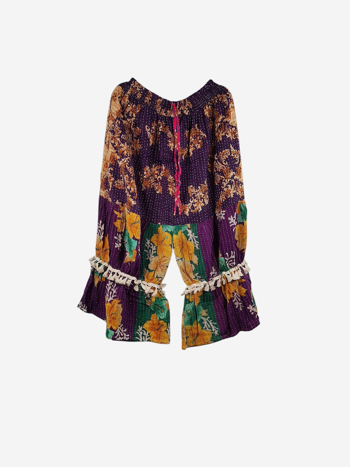 She Lives Beauty Heritage Whisper Kantha bloomers in purple and yellow vintage cotton with floral sari print and fringe