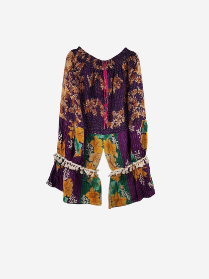 She Lives Beauty Heritage Whisper Kantha bloomers in purple and yellow vintage cotton with floral sari print and fringe