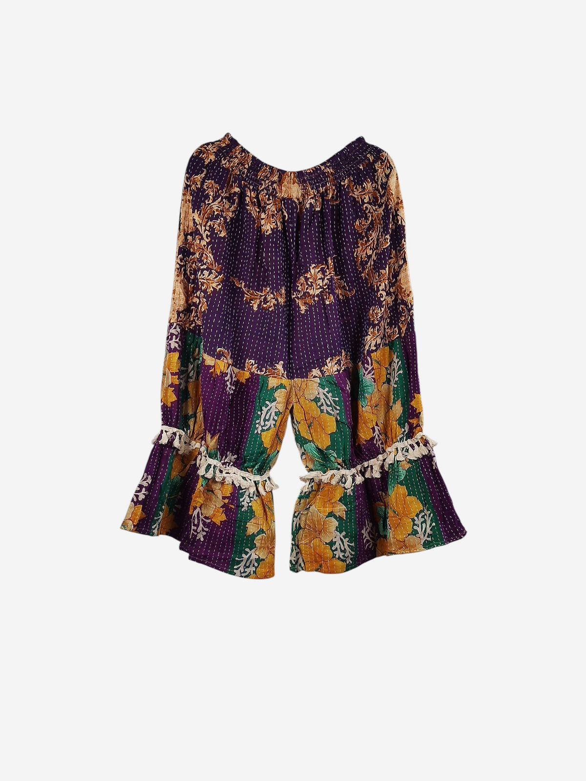 She Lives Beauty Heritage Whisper Kantha bloomers in purple and yellow vintage cotton sari fabric with tassel trim