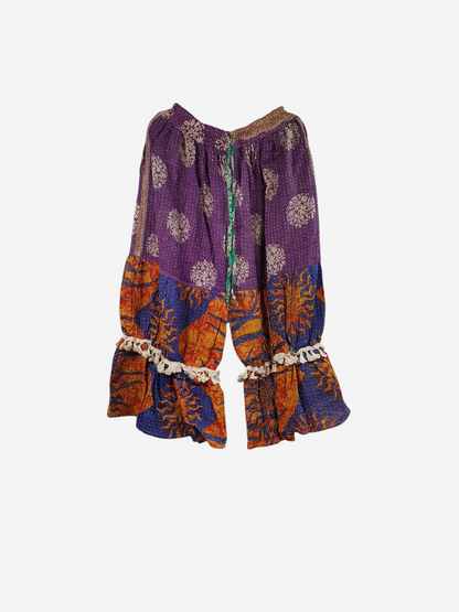 She Lives Beauty Heritage Whisper Kantha bloomers in purple and orange vintage cotton with tassel trim details