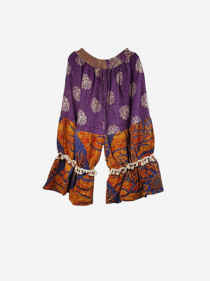 She Lives Beauty Heritage Whisper Kantha bloomers in purple and orange vintage cotton with tassel trim details