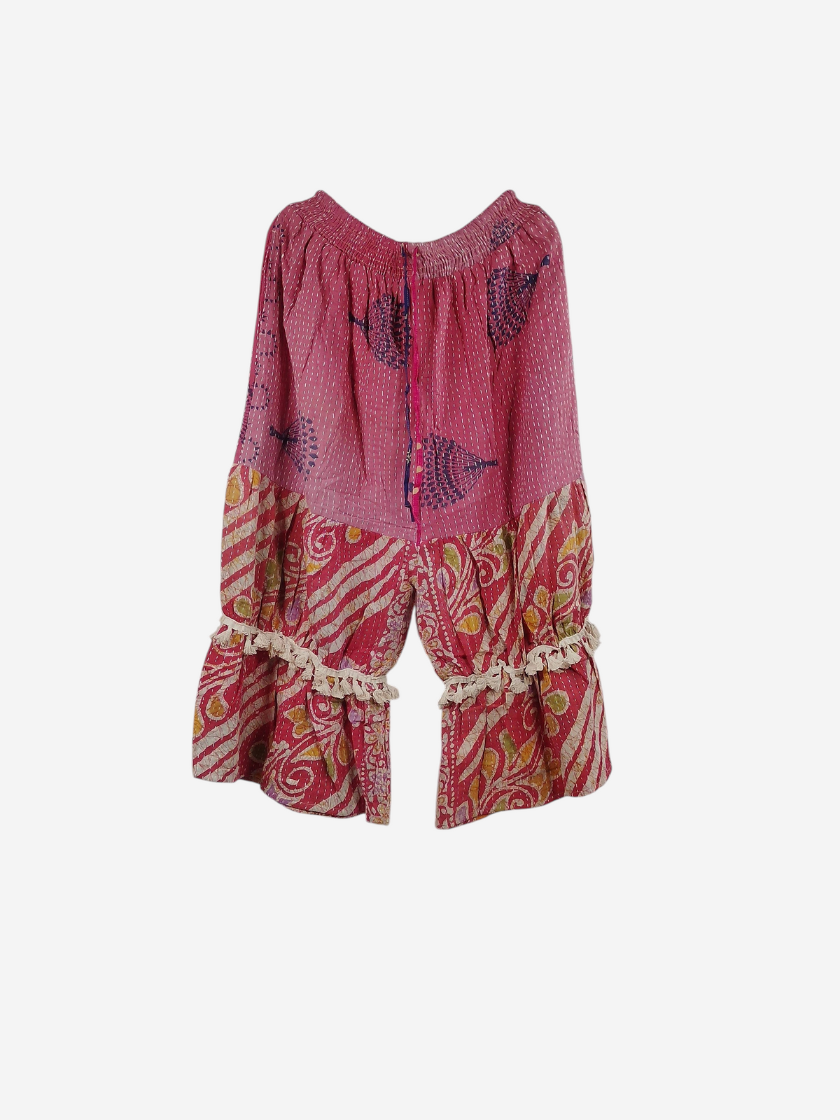 She Lives Beauty Heritage Whisper Kantha bloomers in pink vintage cotton sari fabric with bohemian ruffled trim