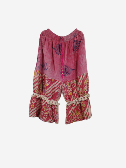 She Lives Beauty Heritage Whisper Kantha bloomers in pink vintage cotton sari fabric with bohemian ruffled trim