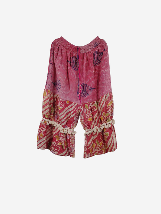 She Lives Beauty Heritage Whisper Kantha bloomers in pink vintage cotton sari fabric with bohemian ruffled trim