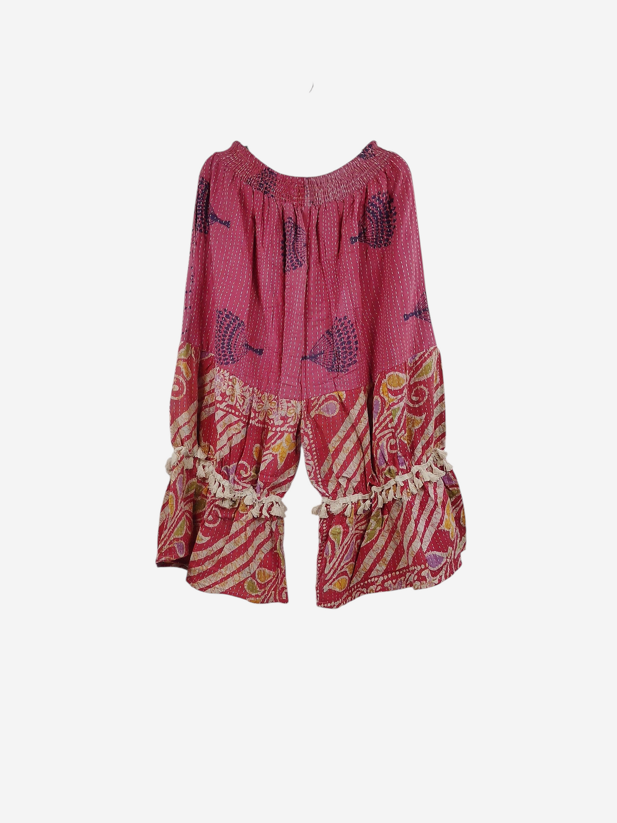 She Lives Beauty Heritage Whisper Kantha bloomers in pink vintage cotton sari fabric with traditional hand stitching.