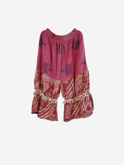 She Lives Beauty Heritage Whisper Kantha bloomers in pink vintage cotton sari fabric with traditional hand stitching.