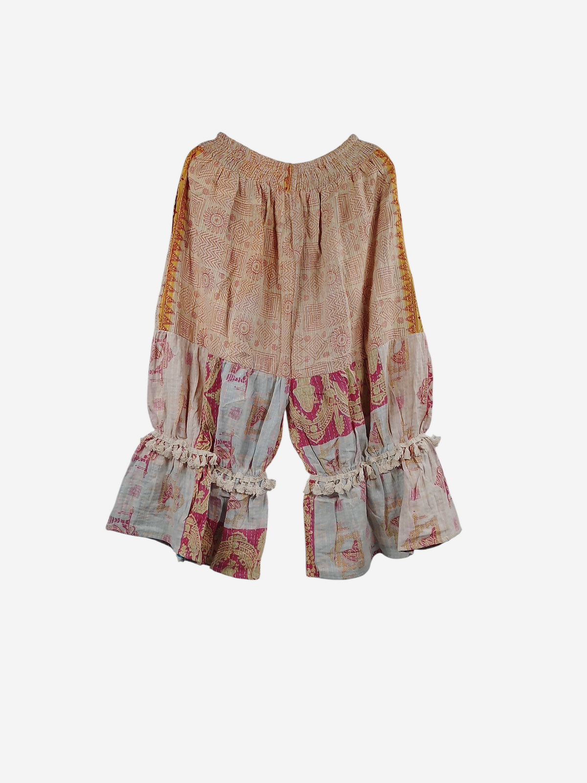 She Lives Beauty Heritage Whisper Kantha bloomers in vintage cotton with pink and orange sari patchwork and lace trim