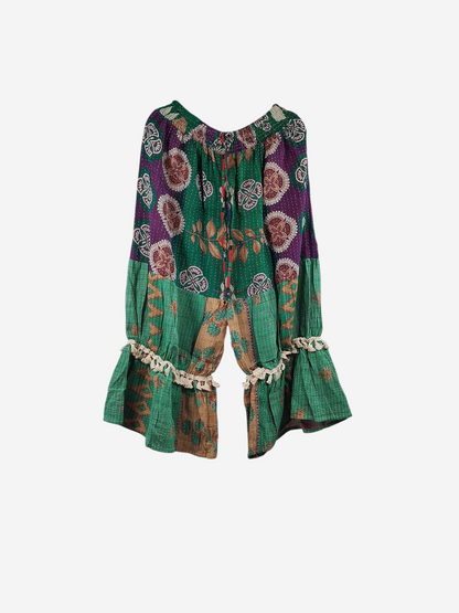 She Lives Beauty Heritage Whisper Kantha bloomers in patchwork vintage cotton with green and purple floral prints.