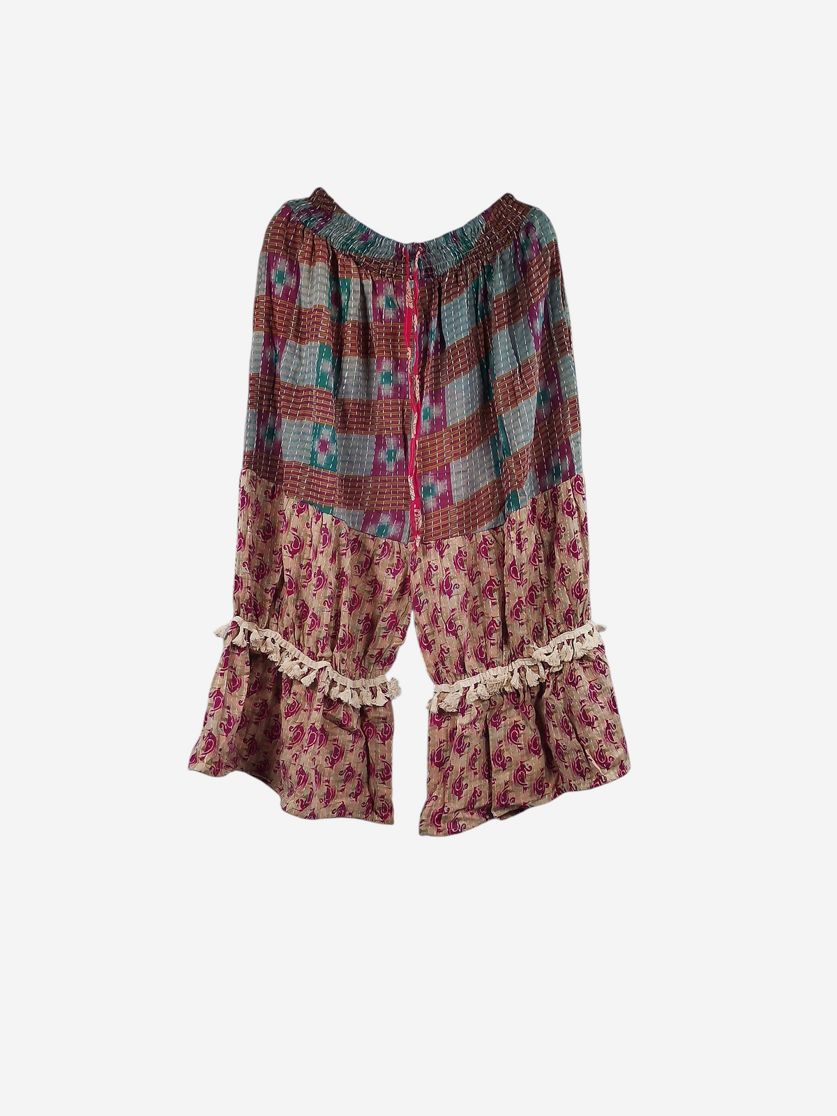 She Lives Beauty Heritage Whisper Kantha bloomers made from vintage cotton sari fabric with patchwork and ruffle trim.