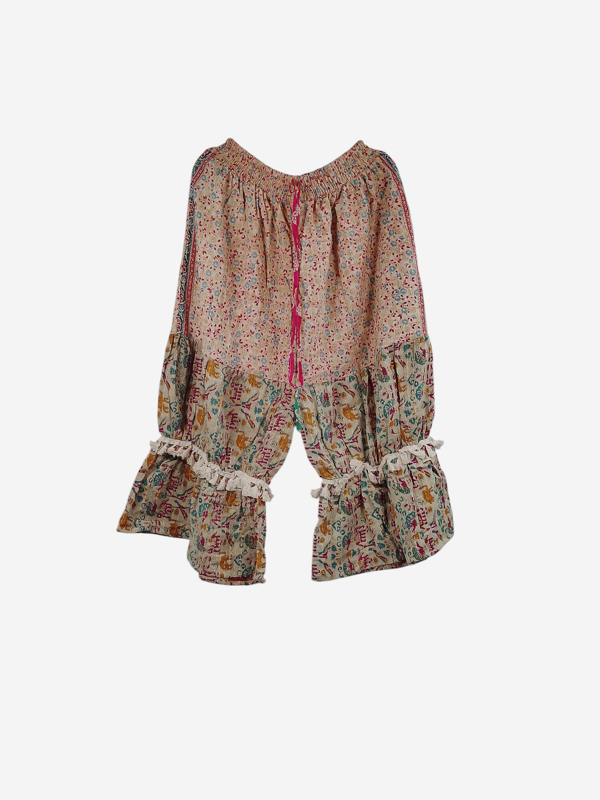 She Lives Beauty Heritage Whisper Kantha bloomers made from vintage cotton saris with floral prints and lace trim.