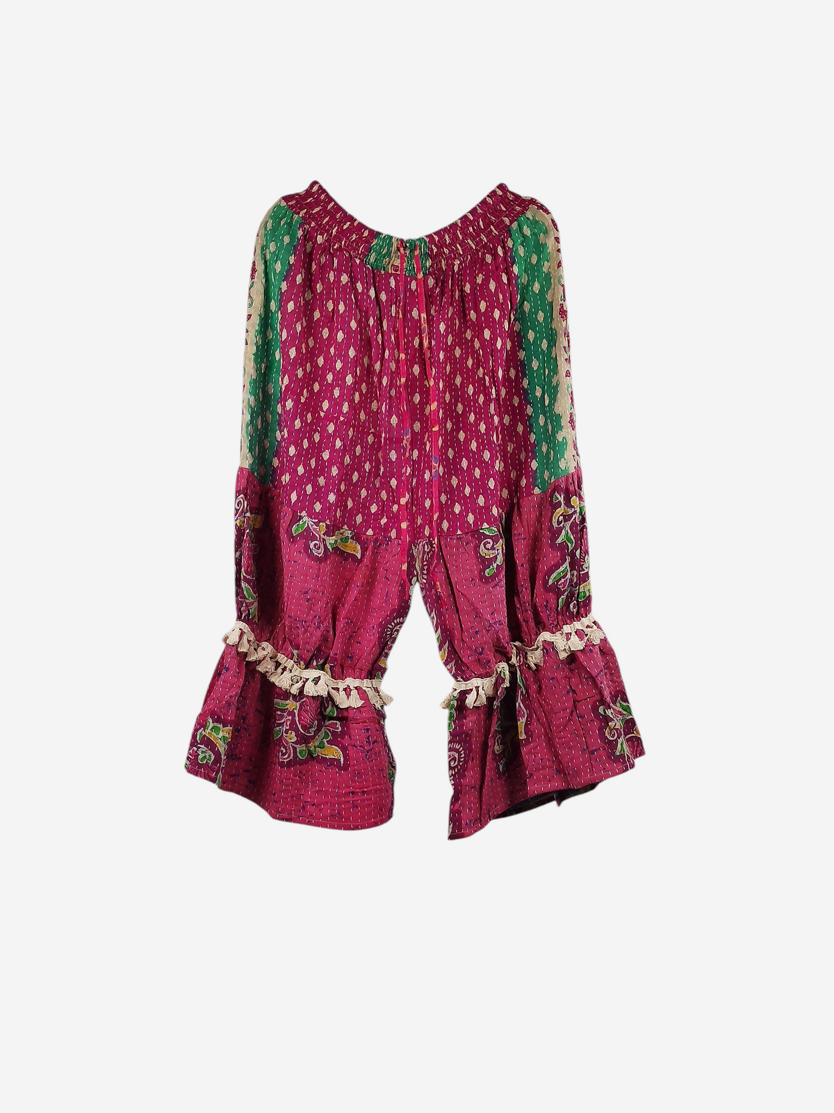 She Lives Beauty Heritage Whisper Kantha bloomers in pink and green vintage cotton with ruffled hems and stitching.