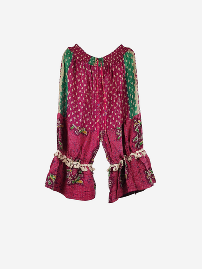 She Lives Beauty Heritage Whisper Kantha bloomers in pink and green vintage cotton with ruffled hems and stitching.