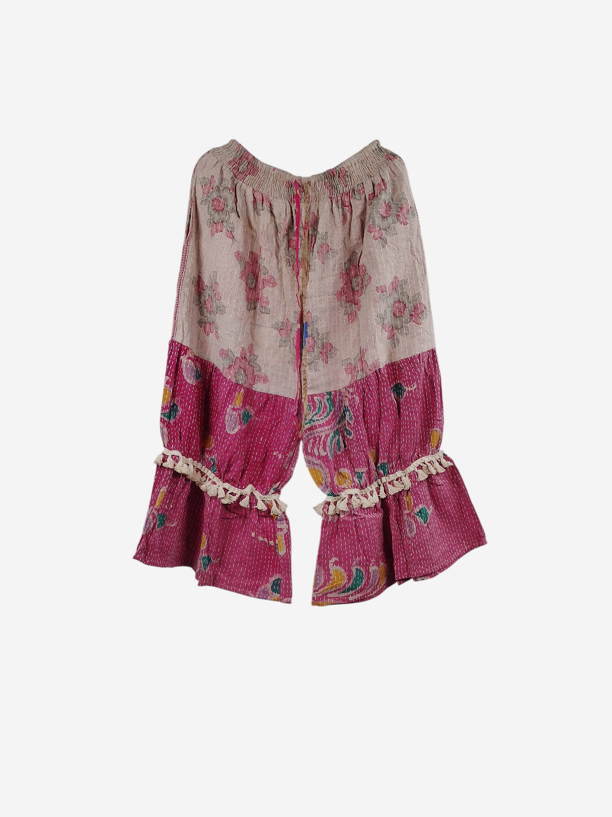 She Lives Beauty Heritage Whisper Kantha bloomers in pink and beige vintage cotton with floral prints and tassel trim.